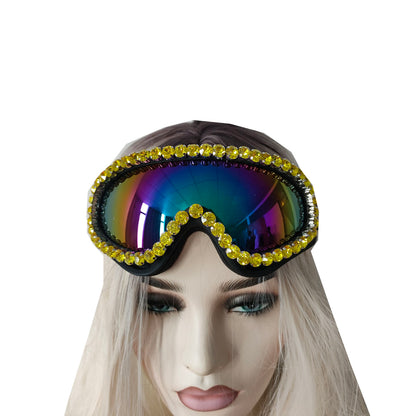 Rave Streampunk Burning Man Festival Gold Rhinestone Holographic Cyber Goth Masquerade Costume Goggles