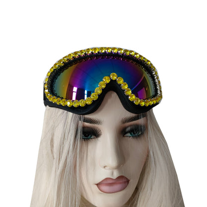 Rave Streampunk Burning Man Festival Gold Rhinestone Holographic Cyber Goth Masquerade Costume Goggles