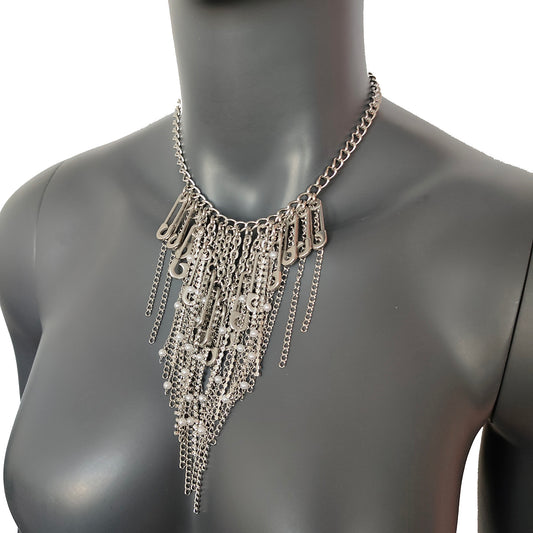 Stainless Steel Collar, Stainless Steel Rhinestone Tassels Chain Pin Punk Necklace - gift for women