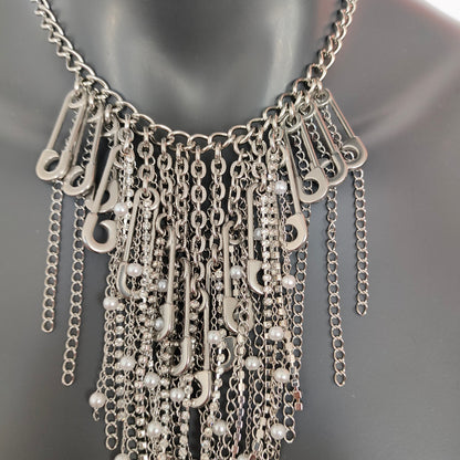 Stainless Steel Collar, Stainless Steel Rhinestone Tassels Chain Pin Punk Necklace - gift for women