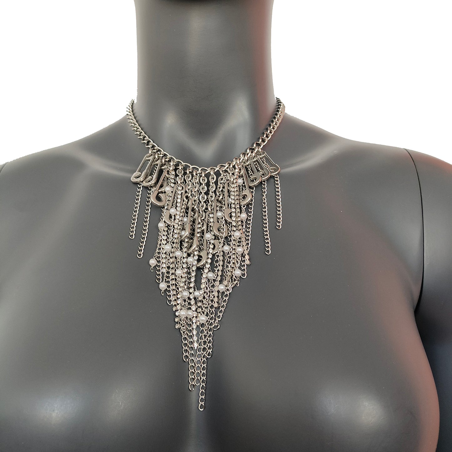 Stainless Steel Collar, Stainless Steel Rhinestone Tassels Chain Pin Punk Necklace - gift for women