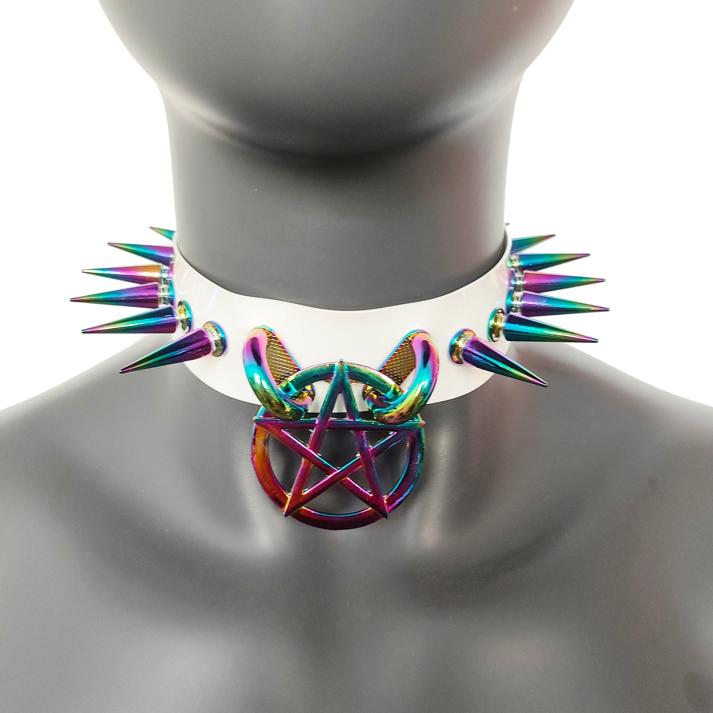 White Gothic Diablo Holographic Rainbow Spiked Pentagram Ring Choker for Women