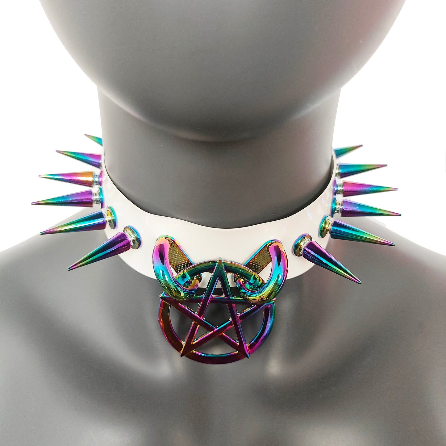 White Gothic Diablo Holographic Rainbow Spiked Pentagram Ring Choker for Women