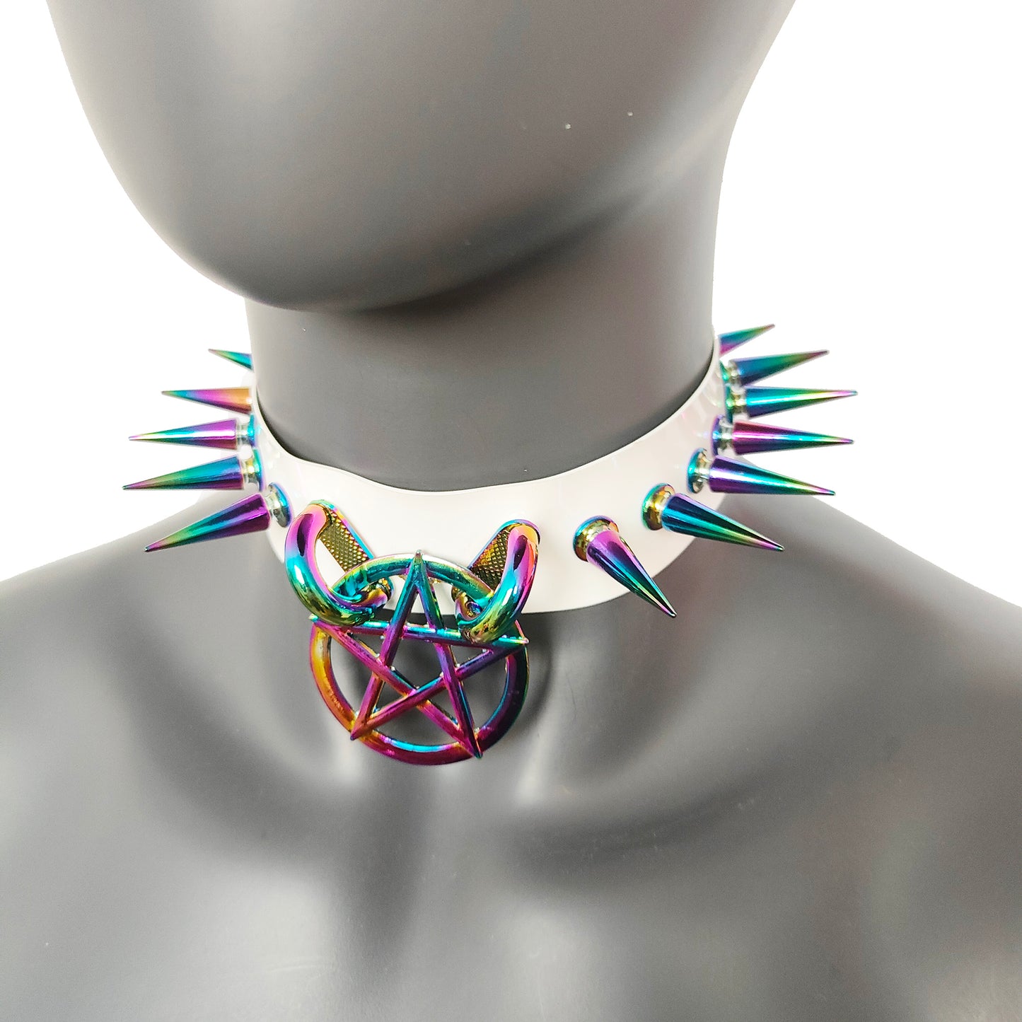 White Gothic Diablo Holographic Rainbow Spiked Pentagram Ring Choker for Women