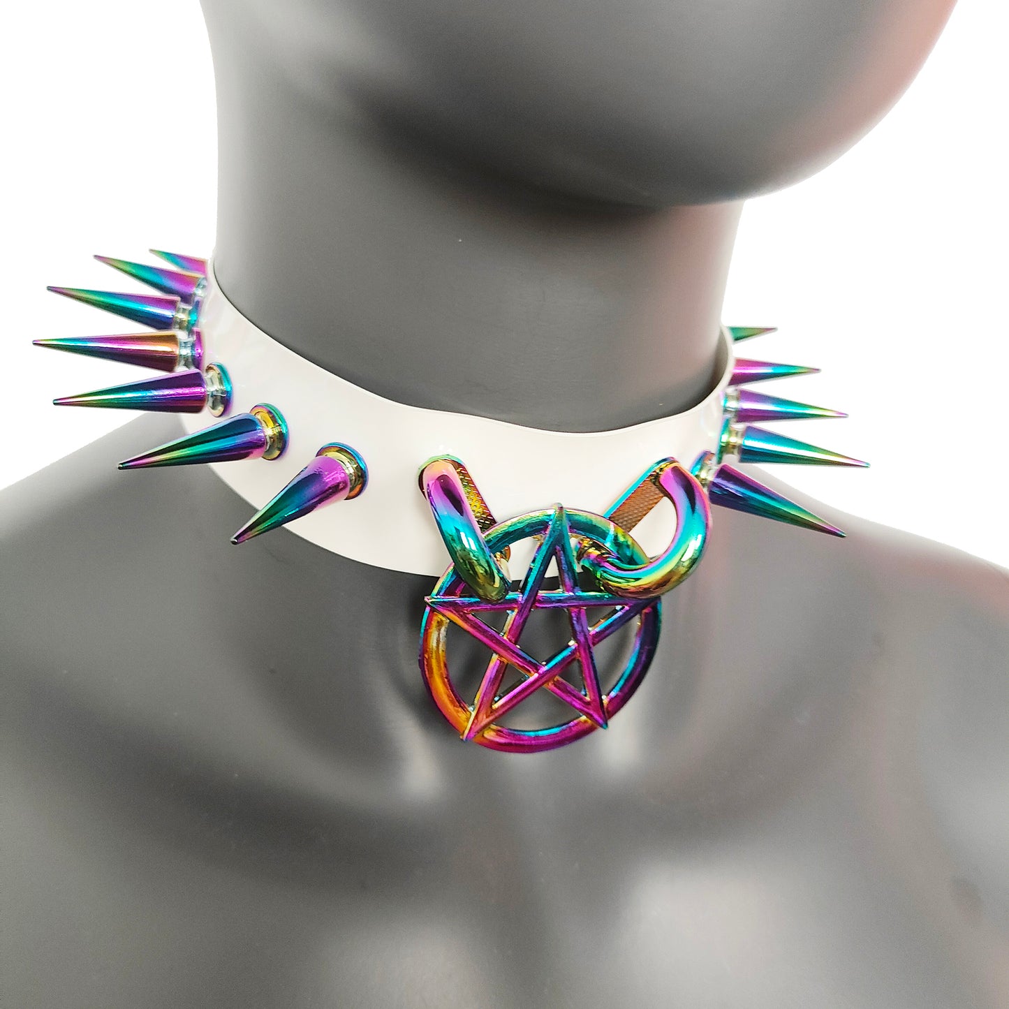 White Gothic Diablo Holographic Rainbow Spiked Pentagram Ring Choker for Women