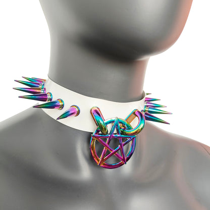 White Gothic Diablo Holographic Rainbow Spiked Pentagram Ring Choker for Women