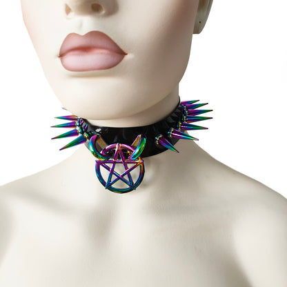 Black Gothic Diablo Holographic Rainbow Spiked Pentagram Ring Choker for Women