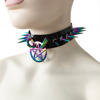 Black Gothic Diablo Holographic Rainbow Spiked Pentagram Ring Choker for Women