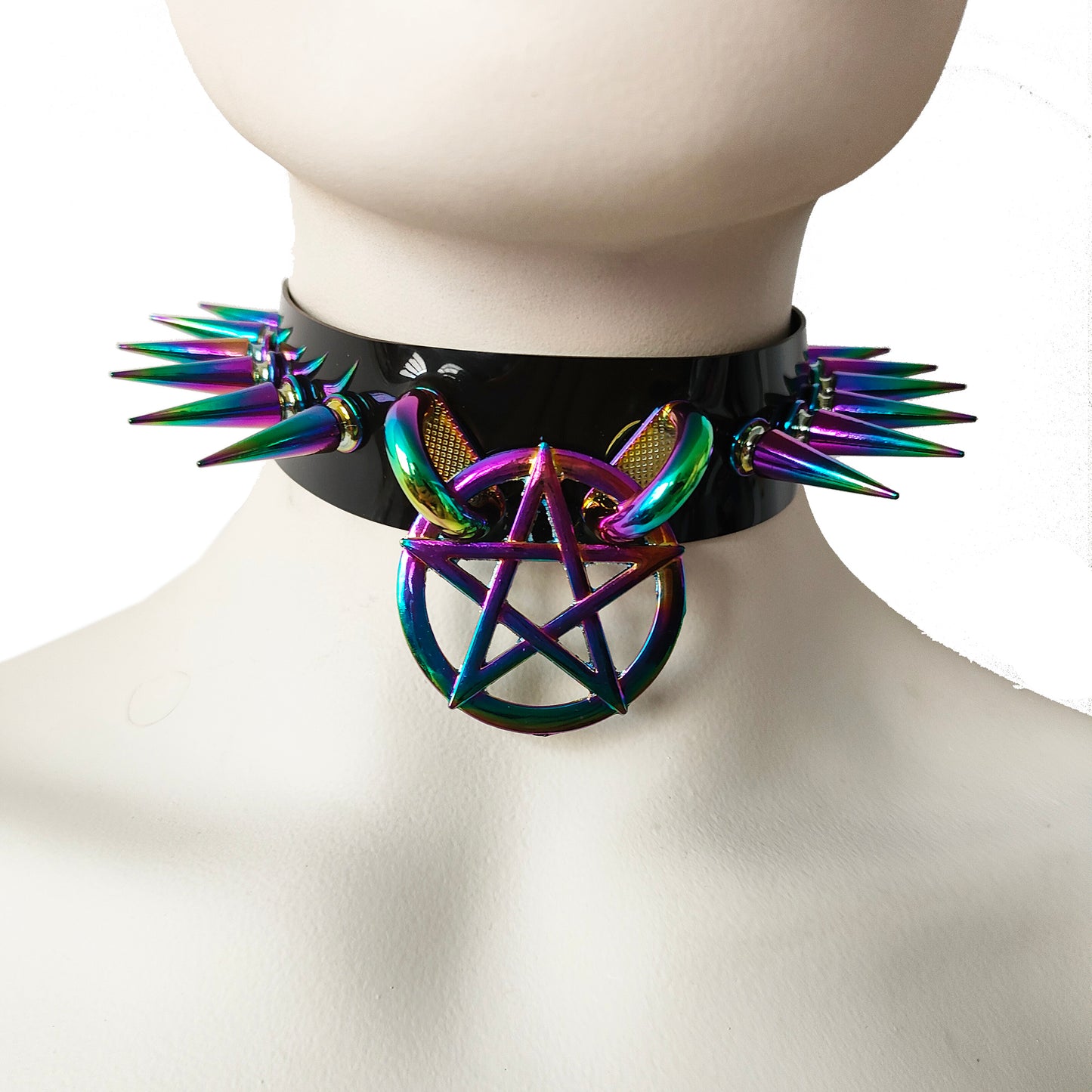 Black Gothic Diablo Holographic Rainbow Spiked Pentagram Ring Choker for Women