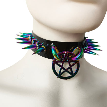 Black Gothic Diablo Holographic Rainbow Spiked Pentagram Ring Choker for Women