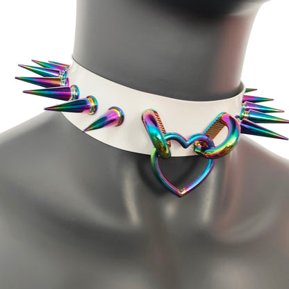 White Gothic Rivets Bismuth Rainbow Spiked Heart Ring Punk Choker for Women