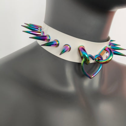 White Gothic Rivets Bismuth Rainbow Spiked Heart Ring Punk Choker for Women