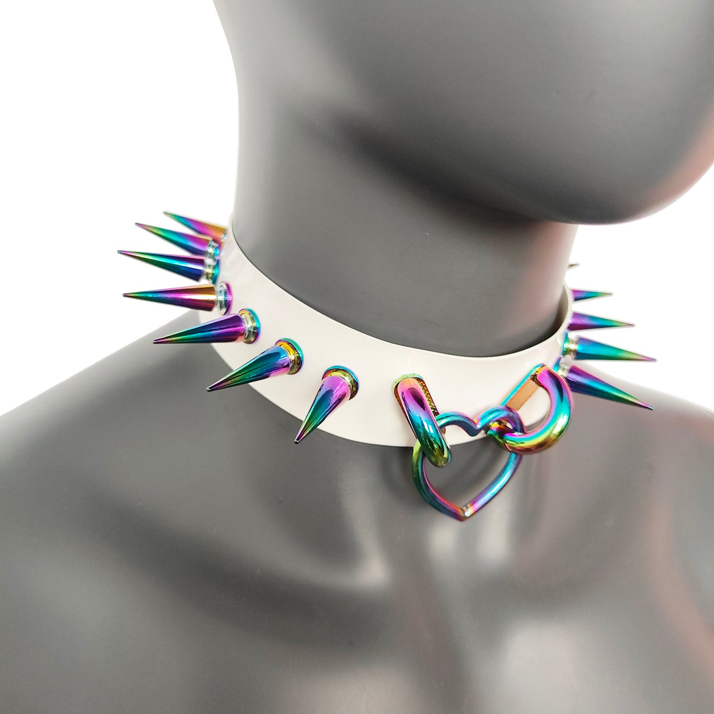 White Gothic Rivets Bismuth Rainbow Spiked Heart Ring Punk Choker for Women