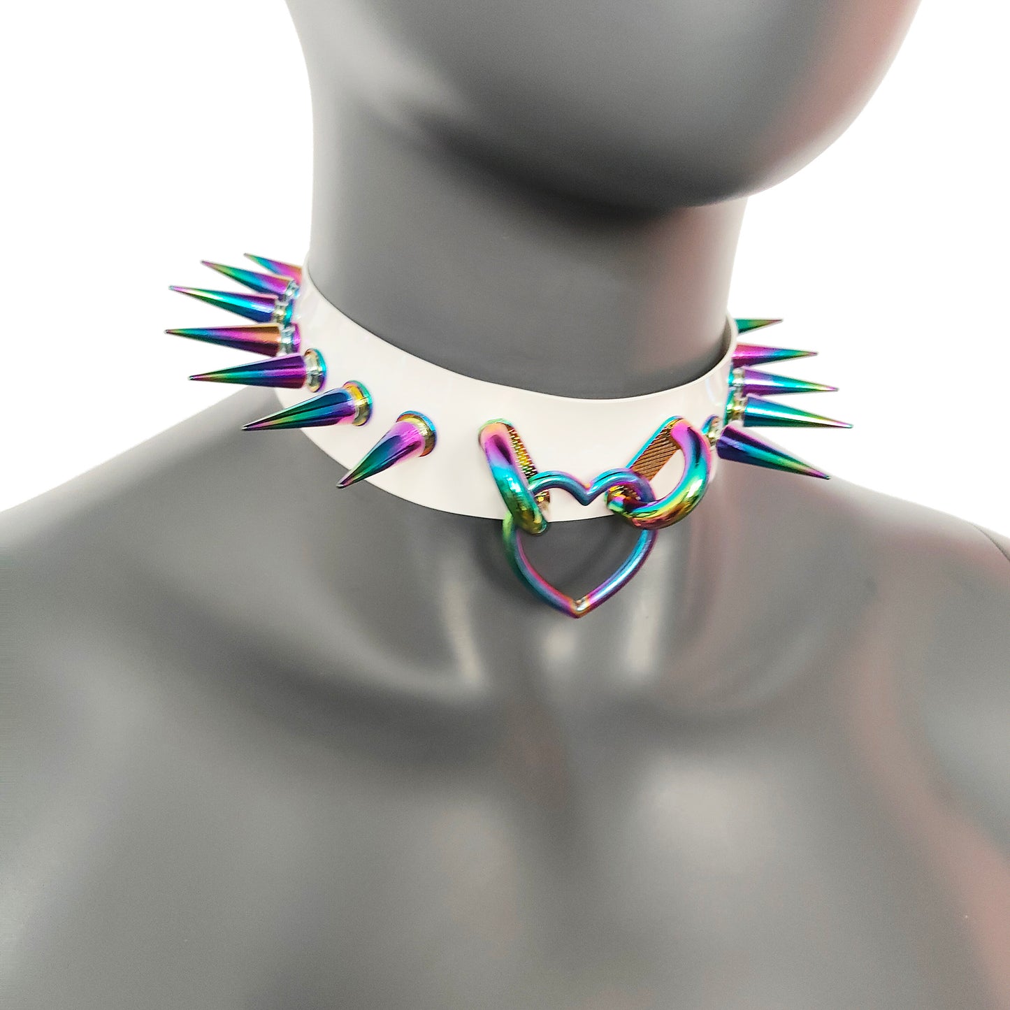 White Gothic Rivets Bismuth Rainbow Spiked Heart Ring Punk Choker for Women