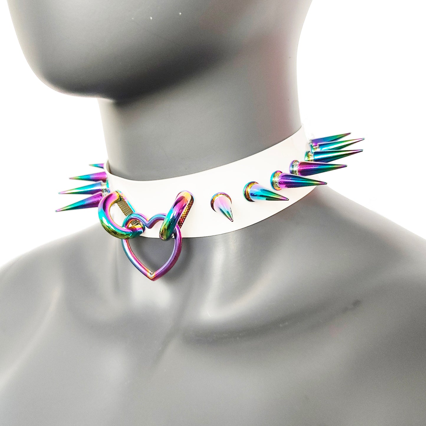 White Gothic Rivets Bismuth Rainbow Spiked Heart Ring Punk Choker for Women