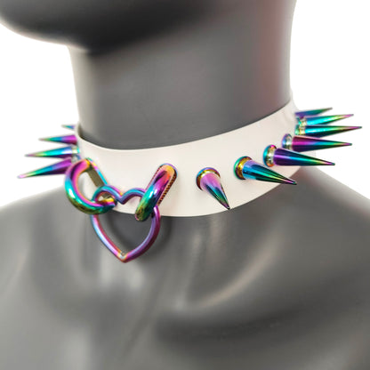 White Gothic Rivets Bismuth Rainbow Spiked Heart Ring Punk Choker for Women