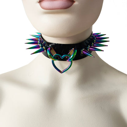 Black Gothic Rivets Bismuth Rainbow Spiked Heart Ring Punk Choker for Women