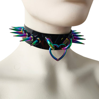 Black Gothic Rivets Bismuth Rainbow Spiked Heart Ring Punk Choker for Women