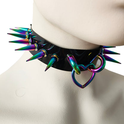 Black Gothic Rivets Bismuth Rainbow Spiked Heart Ring Punk Choker for Women