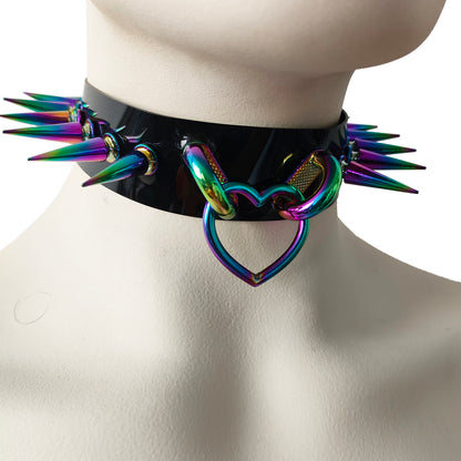 Black Gothic Rivets Bismuth Rainbow Spiked Heart Ring Punk Choker for Women