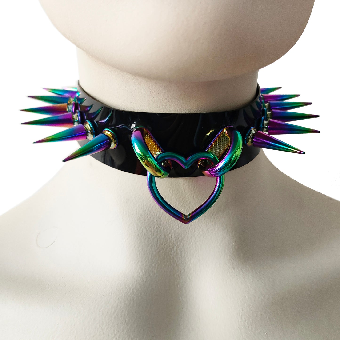 Black Gothic Rivets Bismuth Rainbow Spiked Heart Ring Punk Choker for Women