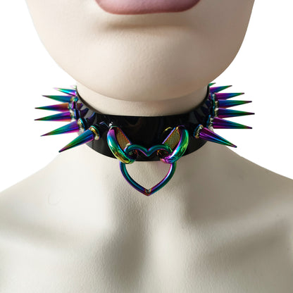 Black Gothic Rivets Bismuth Rainbow Spiked Heart Ring Punk Choker for Women