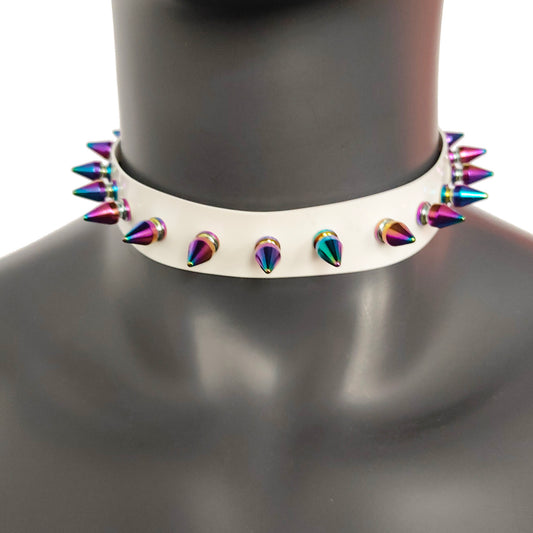 White Gothic Rivets Astral Rainbow Spiked Punk Choker for Women