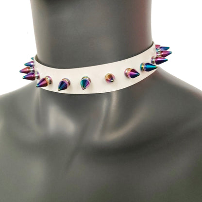 White Gothic Rivets Astral Rainbow Spiked Punk Choker for Women