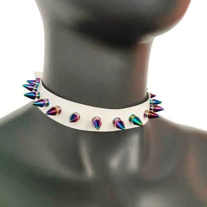 White Gothic Rivets Astral Rainbow Spiked Punk Choker for Women