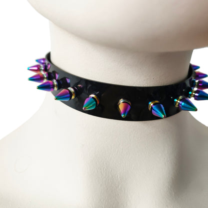 Black Gothic Rivets Astral Rainbow Spiked Punk Choker for Women