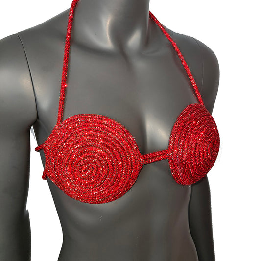 Rave Outfits Handmade Red Crystal Bra, Sexy Disco Party Night Club Outfit Bra, Women's Sexy Halter Shiny Bra Top, Rhinestones Embellished Lingerie Bra