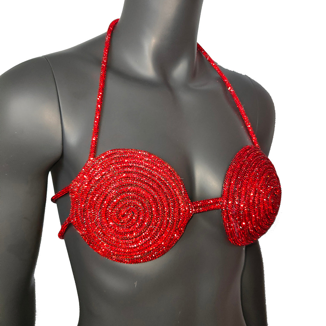 Rave Outfits Handmade Red Crystal Bra, Sexy Disco Party Night Club Outfit Bra, Women's Sexy Halter Shiny Bra Top, Rhinestones Embellished Lingerie Bra