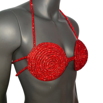 Rave Outfits Handmade Red Crystal Bra, Sexy Disco Party Night Club Outfit Bra, Women's Sexy Halter Shiny Bra Top, Rhinestones Embellished Lingerie Bra