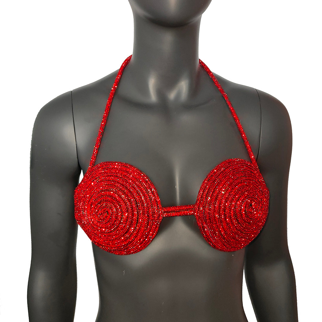 Rave Outfits Handmade Red Crystal Bra, Sexy Disco Party Night Club Outfit Bra, Women's Sexy Halter Shiny Bra Top, Rhinestones Embellished Lingerie Bra