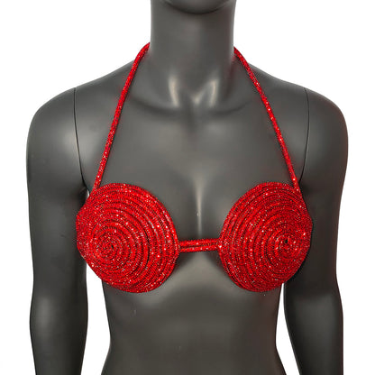 Rave Outfits Handmade Red Crystal Bra, Sexy Disco Party Night Club Outfit Bra, Women's Sexy Halter Shiny Bra Top, Rhinestones Embellished Lingerie Bra