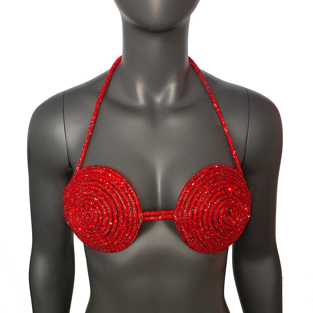 Rave Outfits Handmade Red Crystal Bra, Sexy Disco Party Night Club Outfit Bra, Women's Sexy Halter Shiny Bra Top, Rhinestones Embellished Lingerie Bra