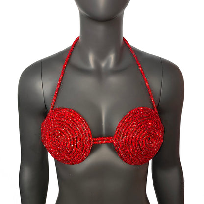 Rave Outfits Handmade Red Crystal Bra, Sexy Disco Party Night Club Outfit Bra, Women's Sexy Halter Shiny Bra Top, Rhinestones Embellished Lingerie Bra