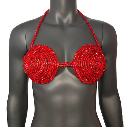 Rave Outfits Handmade Red Crystal Bra, Sexy Disco Party Night Club Outfit Bra, Women's Sexy Halter Shiny Bra Top, Rhinestones Embellished Lingerie Bra