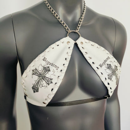 Gothic White Vinyl Vampira Cross Sexy Top Bra with Chain