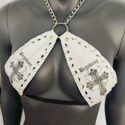 Gothic White Vinyl Vampira Cross Sexy Top Bra with Chain