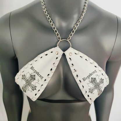 Gothic White Vinyl Vampira Cross Sexy Top Bra with Chain