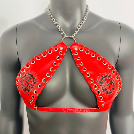 Gothic Tai Chi Pattern Red Vinyl Vampira Cross Top Bra