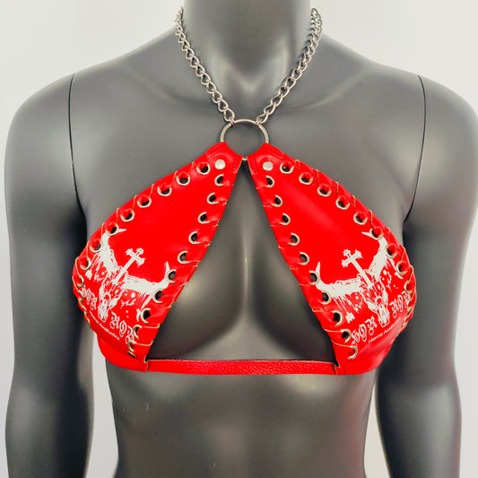 Gothic White Bull Head Pattern Red Vinyl Vampira Cross Top Bra