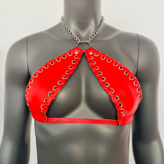 Gothic Red Vinyl Vampira Cross Top Bra