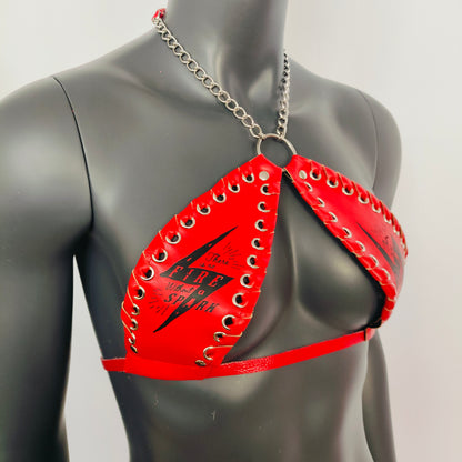 Gothic Black Lightning Print Red Vinyl Vampira Cross Top Bra