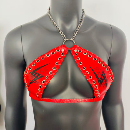 Gothic Black Lightning Print Red Vinyl Vampira Cross Top Bra