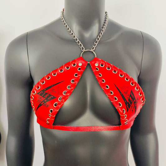 Gothic Black Lightning Print Red Vinyl Vampira Cross Top Bra
