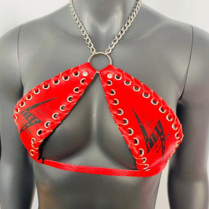 Gothic Black Lightning Print Red Vinyl Vampira Cross Top Bra