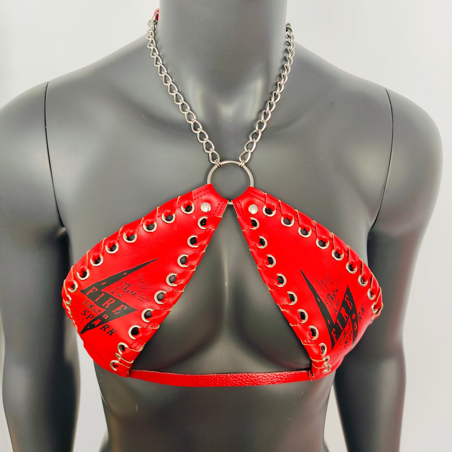Gothic Black Lightning Print Red Vinyl Vampira Cross Top Bra
