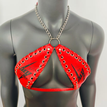 Gothic Black Lightning Print Red Vinyl Vampira Cross Top Bra